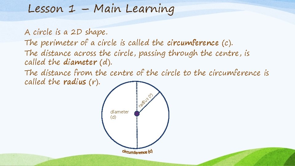 Lesson 1 – Main Learning A circle is a 2 D shape. The perimeter