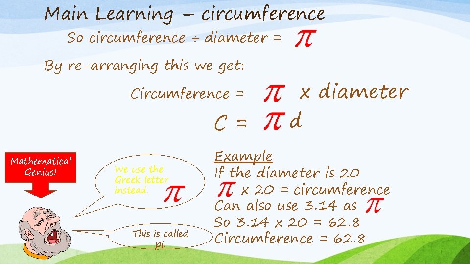 Main Learning – circumference So circumference ÷ diameter = By re-arranging this we get: