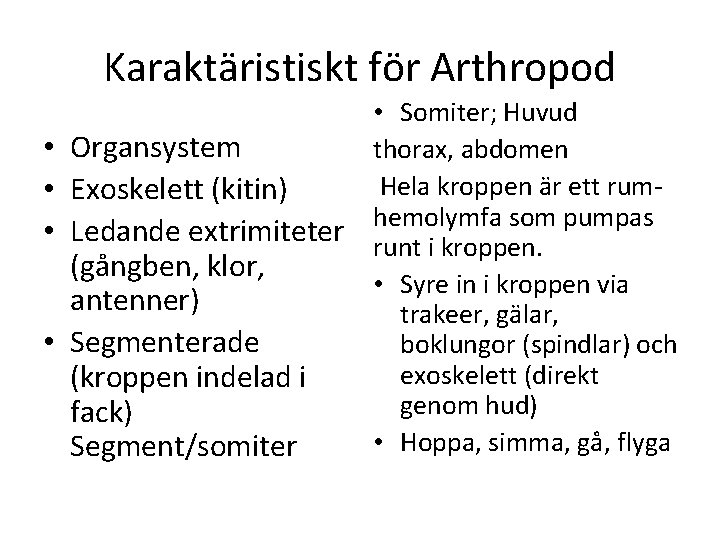 Karaktäristiskt för Arthropod • Organsystem • Exoskelett (kitin) • Ledande extrimiteter (gångben, klor, antenner)