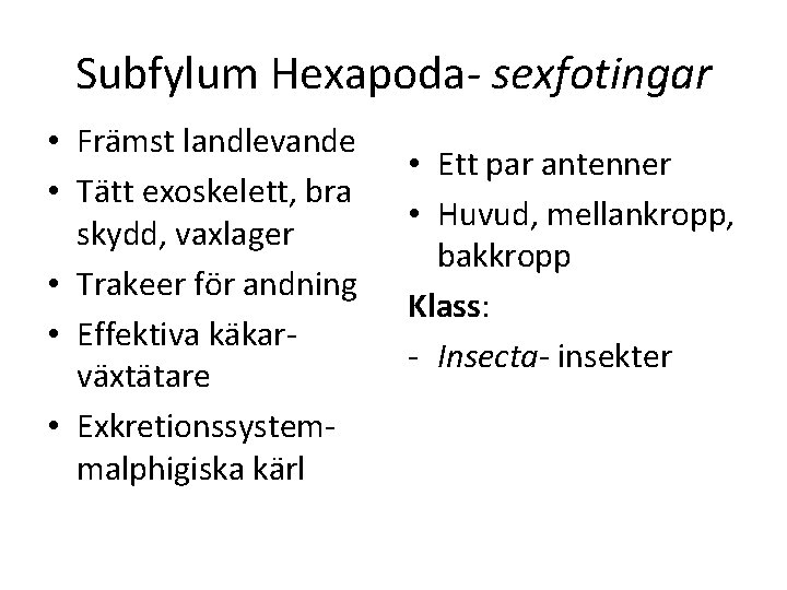 Subfylum Hexapoda sexfotingar • Främst landlevande • Tätt exoskelett, bra skydd, vaxlager • Trakeer