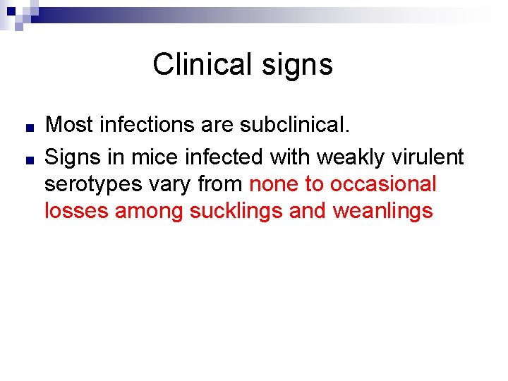 Clinical signs ■ ■ Most infections are subclinical. Signs in mice infected with weakly