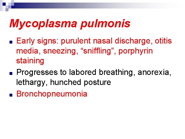 Mycoplasma pulmonis ■ ■ ■ Early signs: purulent nasal discharge, otitis media, sneezing, “sniffling”,