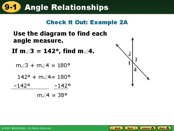 9 -1 Angle Relationships Check It Out: Example 2 A Use the diagram to