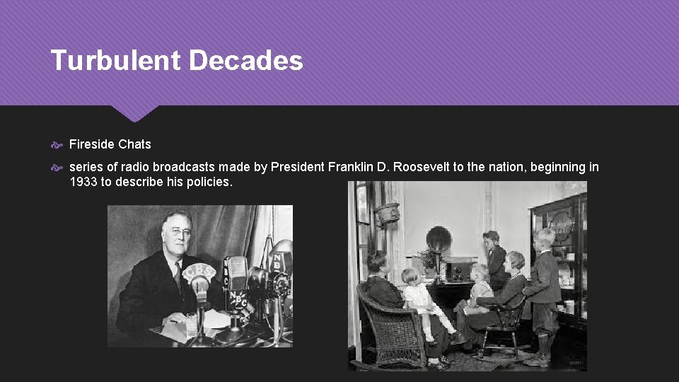 Turbulent Decades Fireside Chats series of radio broadcasts made by President Franklin D. Roosevelt