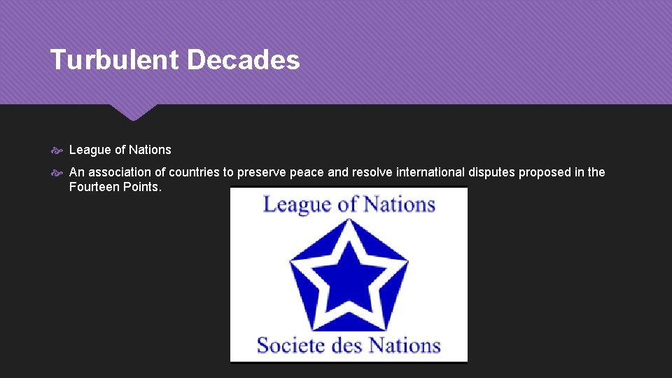 Turbulent Decades League of Nations An association of countries to preserve peace and resolve