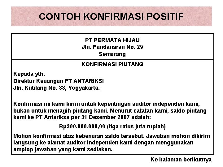 CONTOH KONFIRMASI POSITIF PT PERMATA HIJAU Jln. Pandanaran No. 29 Semarang KONFIRMASI PIUTANG Kepada