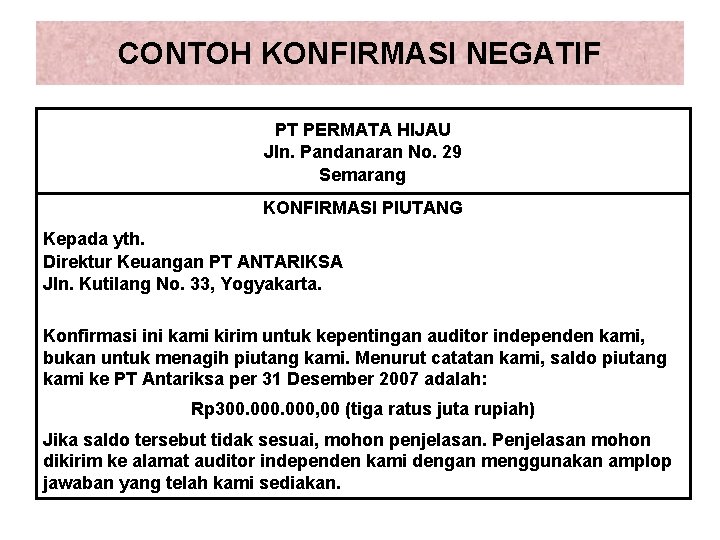 CONTOH KONFIRMASI NEGATIF PT PERMATA HIJAU Jln. Pandanaran No. 29 Semarang KONFIRMASI PIUTANG Kepada