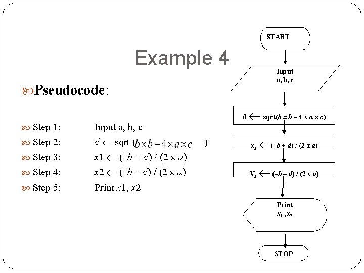 START Example 4 Input a, b, c Pseudocode: d Step 1: Step 2: Step