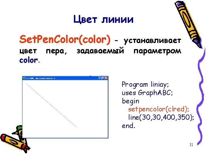 Цвет линии Set. Pen. Color(color) цвет пера, color. - устанавливает задаваемый параметром Program liniay; Цвет линии Set. Pen. Color(color) цвет пера, color. - устанавливает задаваемый параметром Program liniay;