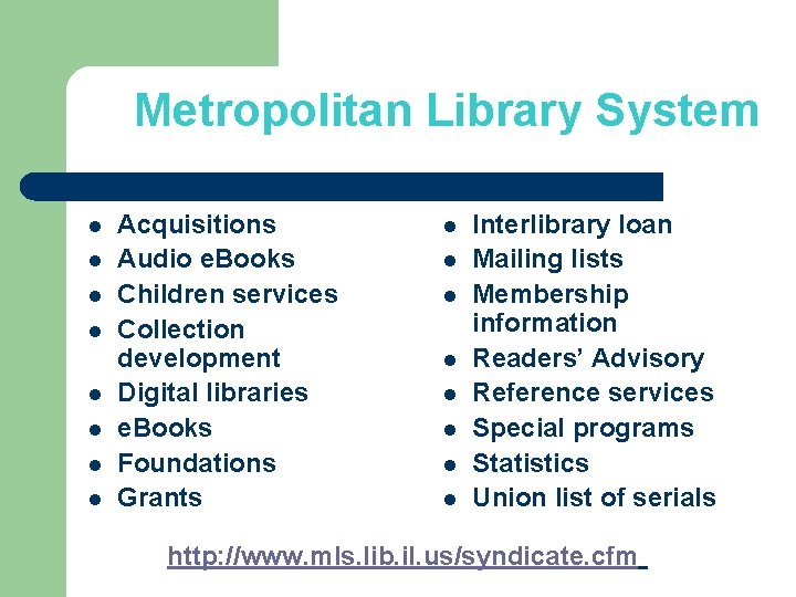 Metropolitan Library System l l l l Acquisitions Audio e. Books Children services Collection