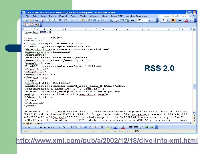 RSS 2. 0 http: //www. xml. com/pub/a/2002/12/18/dive-into-xml. html 