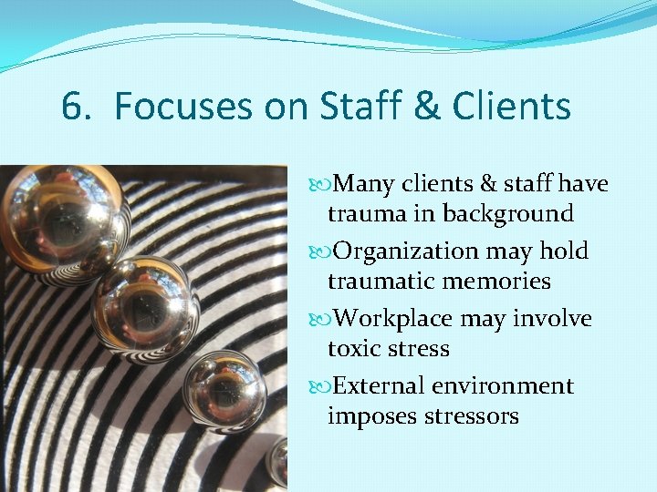 6. Focuses on Staff & Clients Many clients & staff have trauma in background