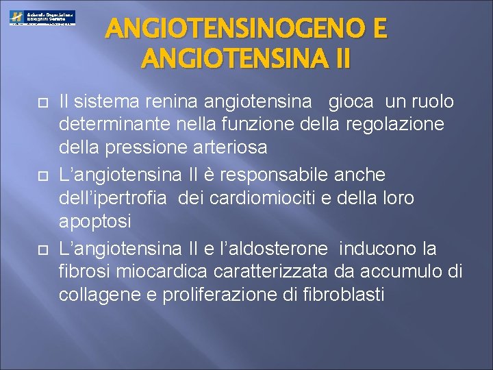 ANGIOTENSINOGENO E ANGIOTENSINA II Il sistema renina angiotensina gioca un ruolo determinante nella funzione