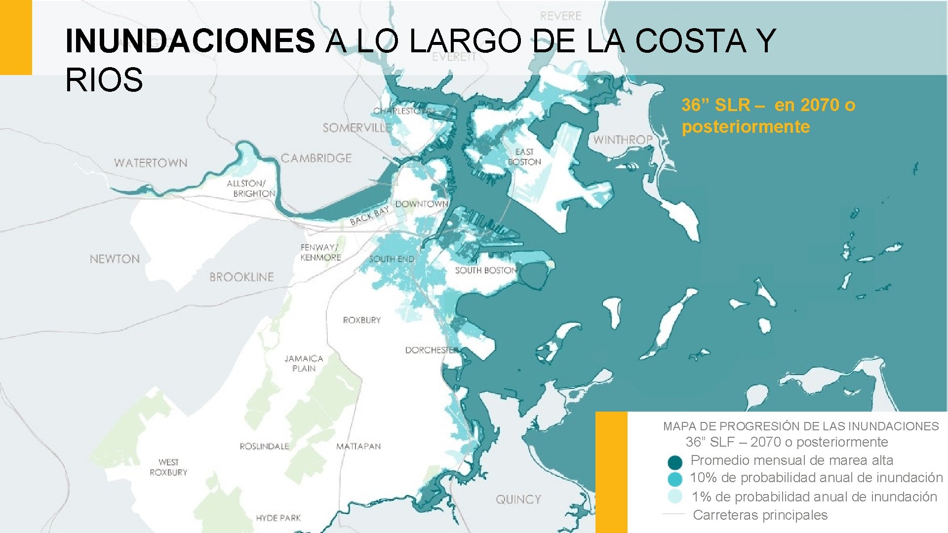 INUNDACIONES A LO LARGO DE LA COSTA Y RIOS 36” SLR en 2070 toto