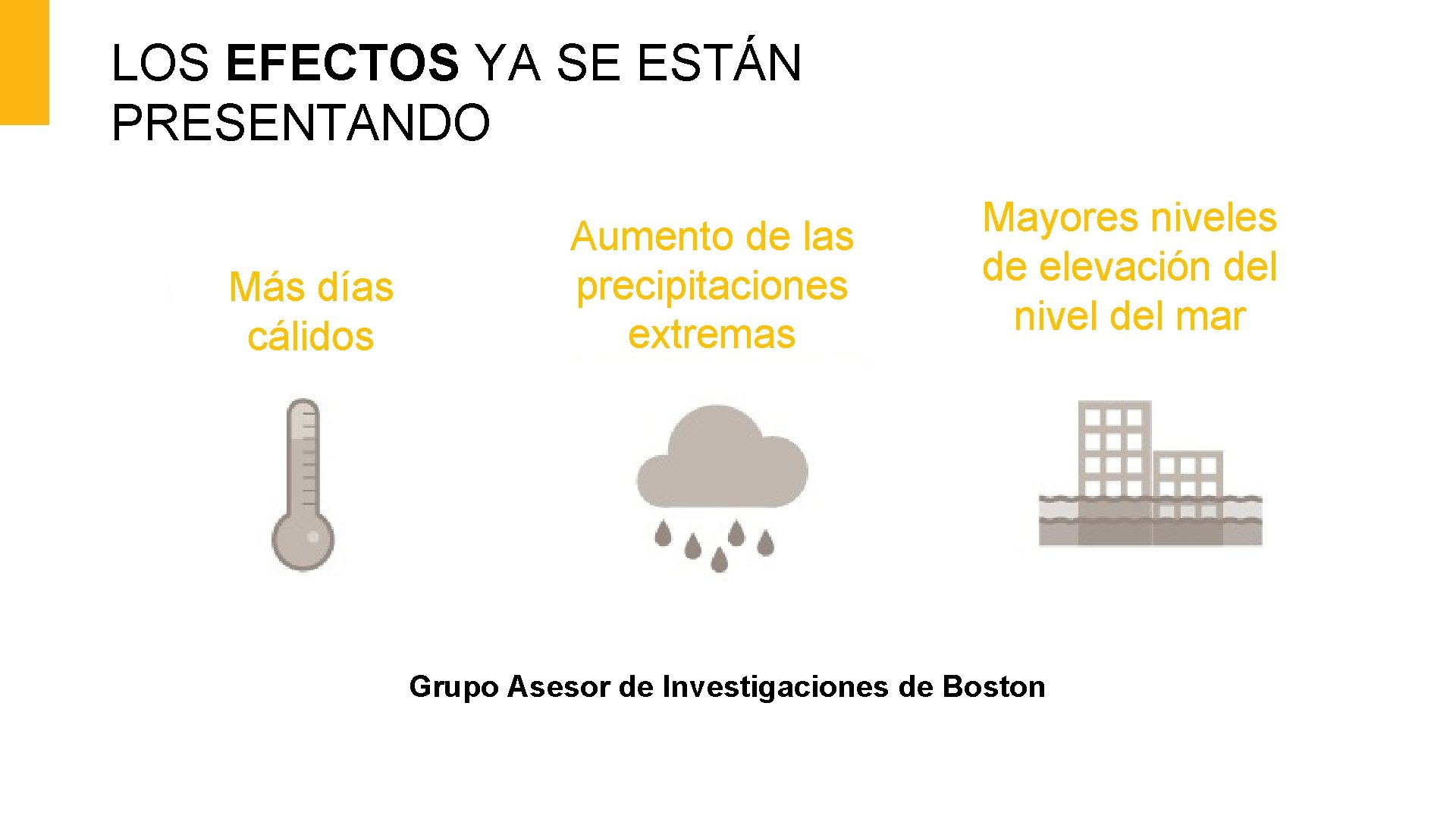 LOS EFECTOS YA SE ESTÁN PRESENTANDO Más días cálidos Aumento de las precipitaciones extremas