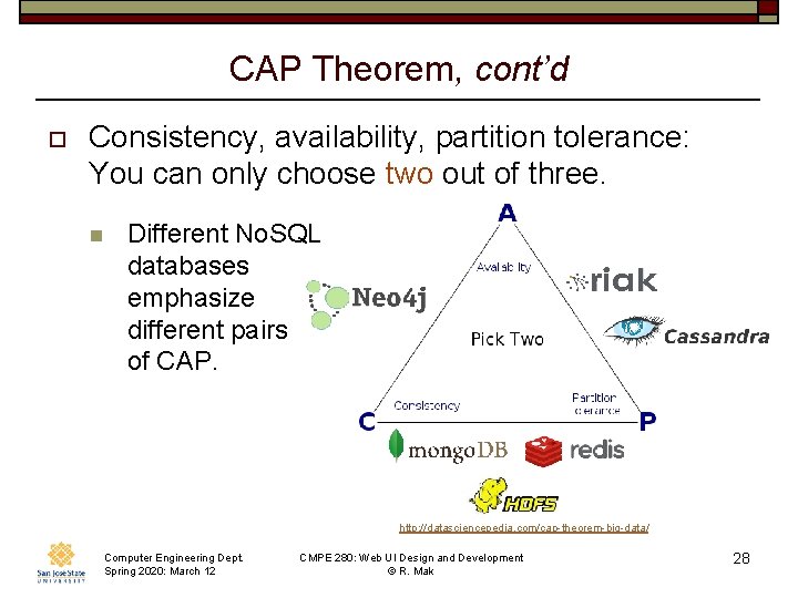 CAP Theorem, cont’d o Consistency, availability, partition tolerance: You can only choose two out