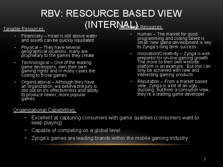 RBV: RESOURCE BASED VIEW (INTERNAL) Intangible Resources: Tangible Resources: • Financially – Head is