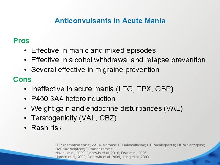 Anticonvulsants in Acute Mania Pros • Effective in manic and mixed episodes • Effective