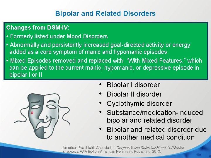 Bipolar and Related Disorders Changes from DSM-IV: • Formerly listed under Mood Disorders •