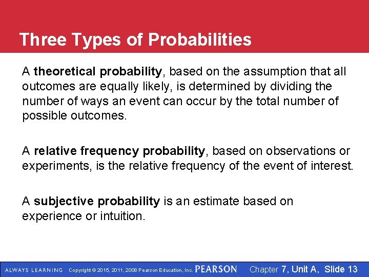 Three Types of Probabilities A theoretical probability, based on the assumption that all outcomes