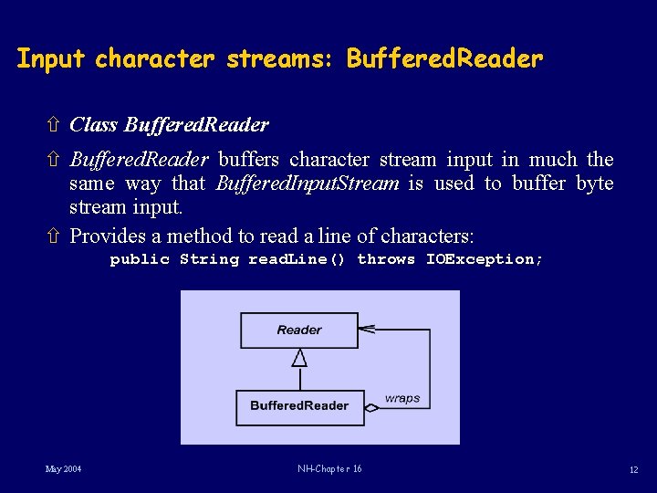 Input character streams: Buffered. Reader ñ Class Buffered. Reader ñ Buffered. Reader buffers character