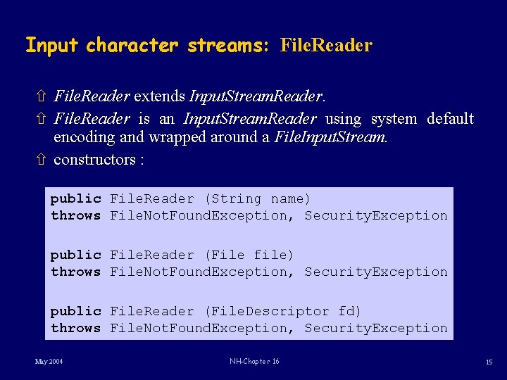 Input character streams: File. Reader ñ File. Reader extends Input. Stream. Reader. ñ File.