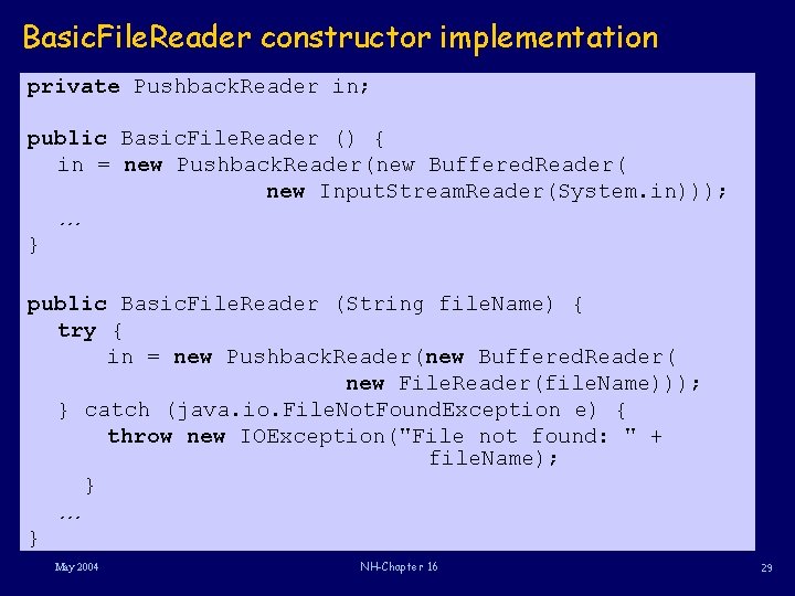 Basic. File. Reader constructor implementation private Pushback. Reader in; public Basic. File. Reader ()