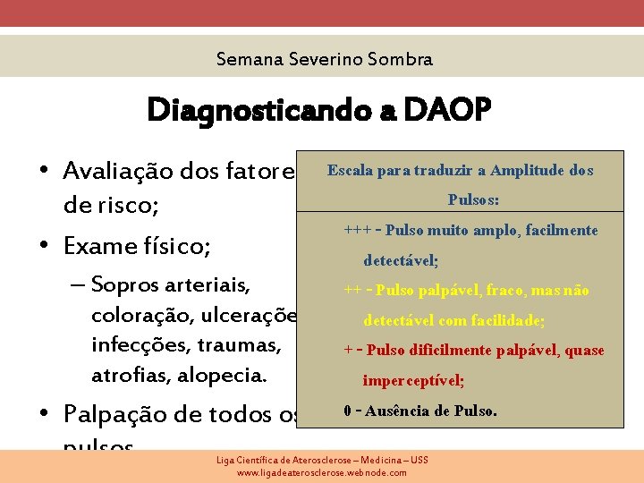 Semana Severino Sombra Diagnosticando a DAOP • Avaliação dos fatores Escala para traduzir a