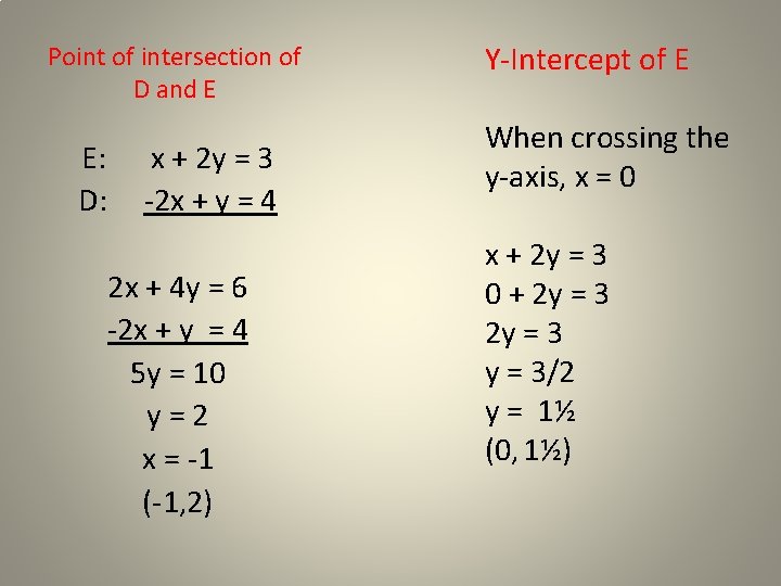 Point of intersection of D and E E: D: x + 2 y =
