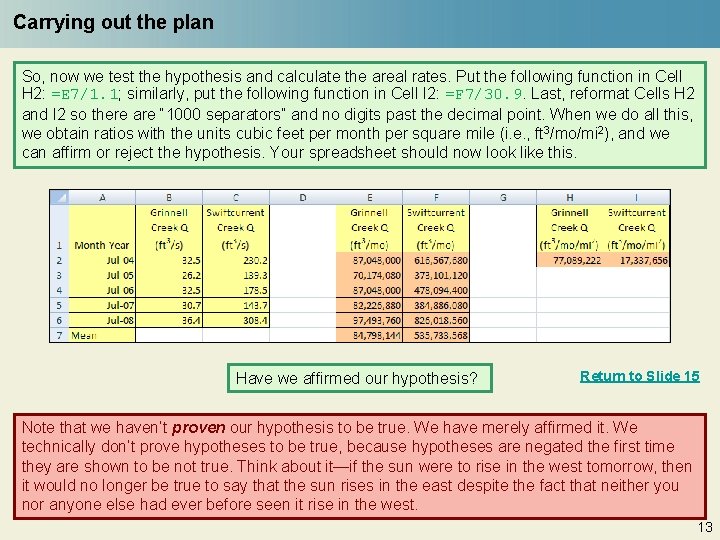 Carrying out the plan So, now we test the hypothesis and calculate the areal