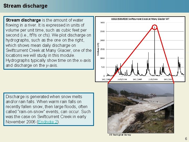 Stream discharge is the amount of water flowing in a river. It is expressed