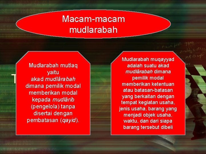 Macam-macam mudlarabah Mudlarabah mutlaq yaitu akad mudlârabah dimana pemilik modal memberikan modal kepada mudlârib