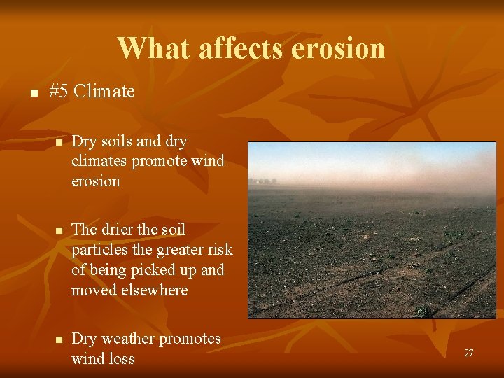 What affects erosion n #5 Climate n n n Dry soils and dry climates