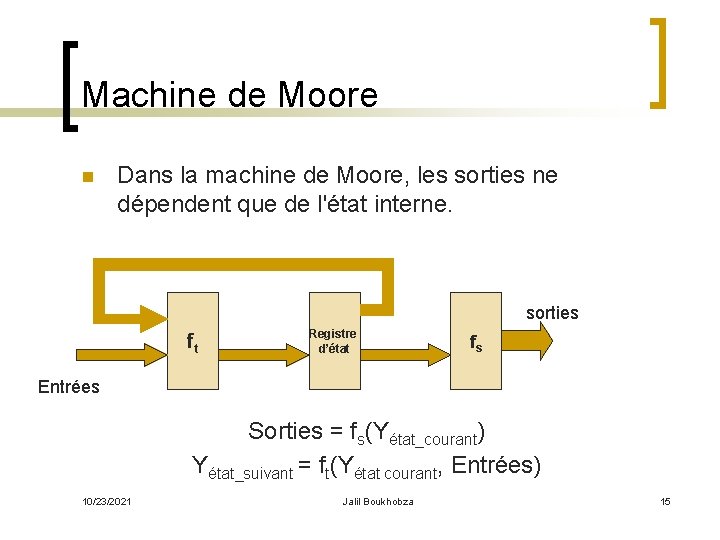 Machine de Moore n Dans la machine de Moore, les sorties ne dépendent que