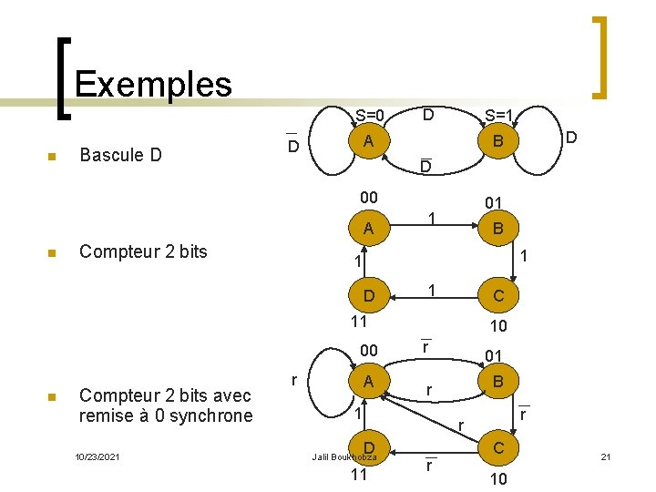 Exemples S=0 n Bascule D D S=1 A D D 00 A n Compteur