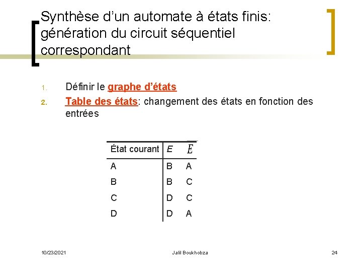 Synthèse d’un automate à états finis: génération du circuit séquentiel correspondant 1. 2. Définir