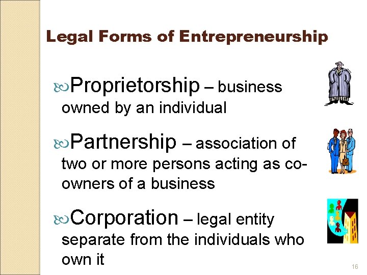 Legal Forms of Entrepreneurship Proprietorship – business owned by an individual Partnership – association