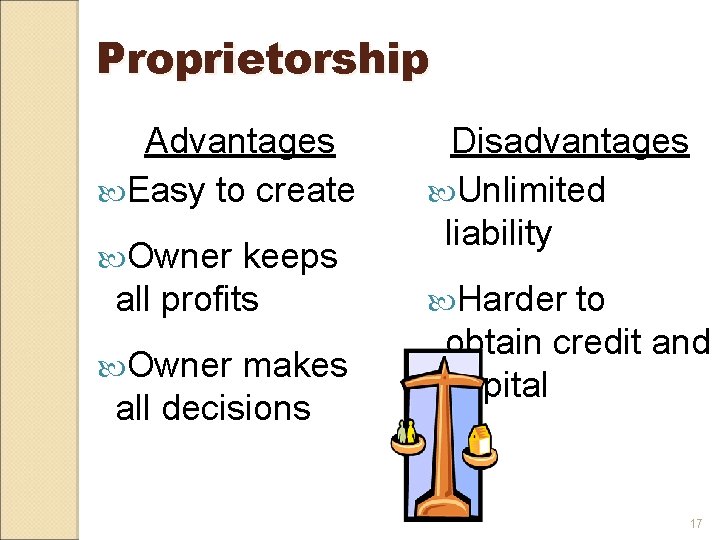 Proprietorship Advantages Easy to create Owner keeps all profits Owner makes all decisions Disadvantages