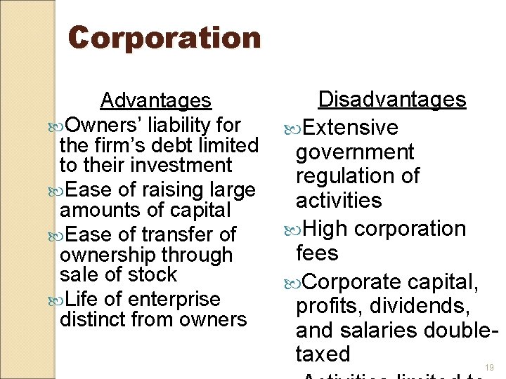 Corporation Advantages Owners’ liability for the firm’s debt limited to their investment Ease of