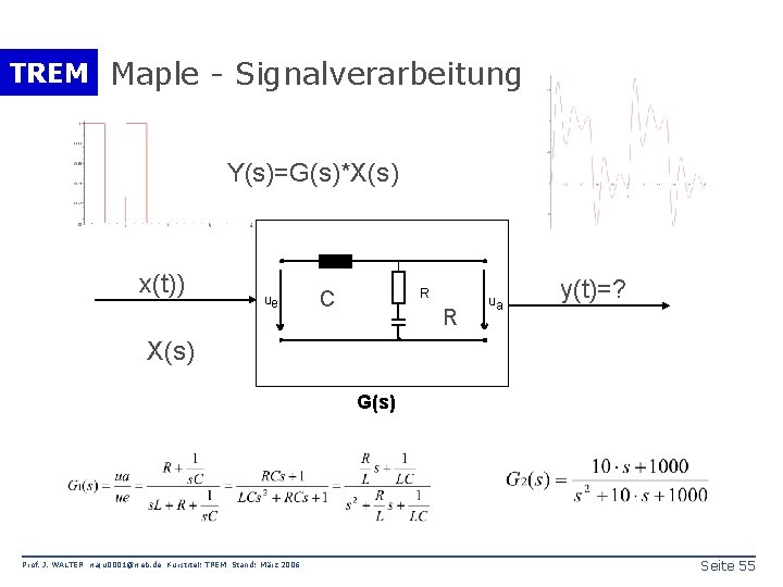 TREM Maple - Signalverarbeitung Y(s)=G(s)*X(s) x(t)) ue R C R ua y(t)=? X(s) G(s)