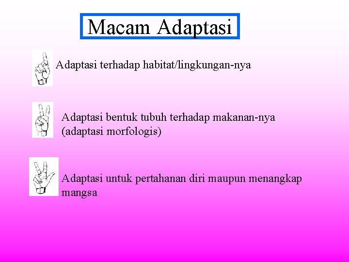 Macam Adaptasi terhadap habitat/lingkungan-nya Adaptasi bentuk tubuh terhadap makanan-nya (adaptasi morfologis) Adaptasi untuk pertahanan