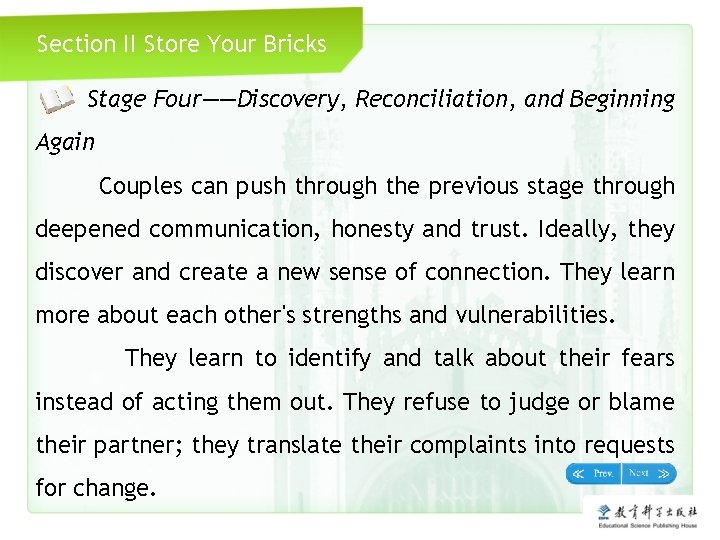 Section II Store Your Bricks Stage Four——Discovery, Reconciliation, and Beginning Again Couples can push