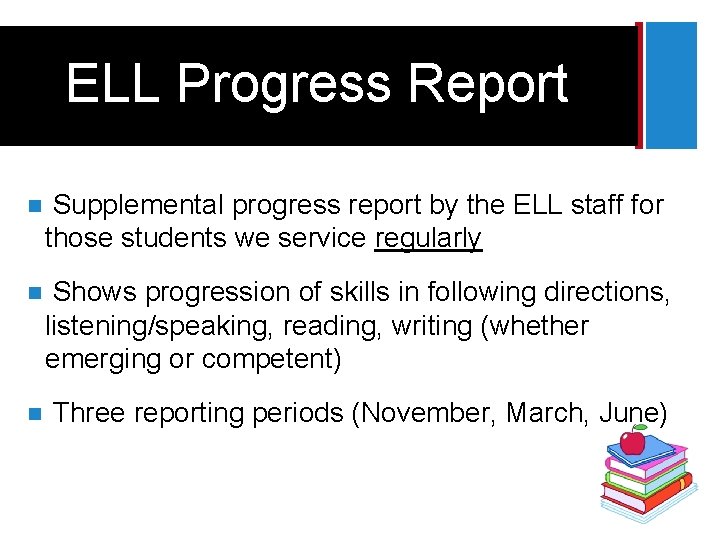 + ELL Progress Report n Supplemental progress report by the ELL staff for those