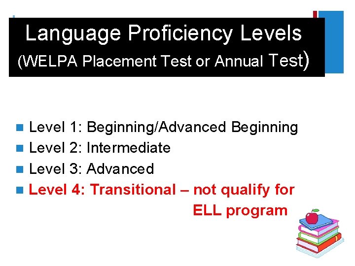 + Language Proficiency Levels (WELPA Placement Test or Annual Test) Level 1: Beginning/Advanced Beginning