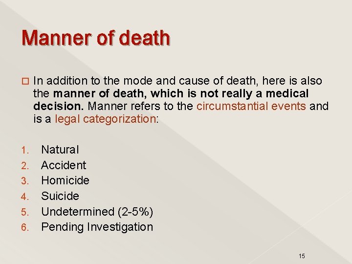 Manner of death 1. 2. 3. 4. 5. 6. In addition to the mode