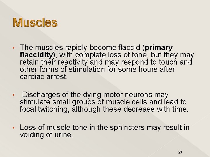 Muscles • The muscles rapidly become flaccid (primary flaccidity), with complete loss of tone,