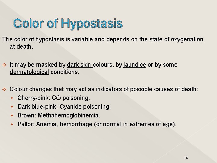 Color of Hypostasis The color of hypostasis is variable and depends on the state