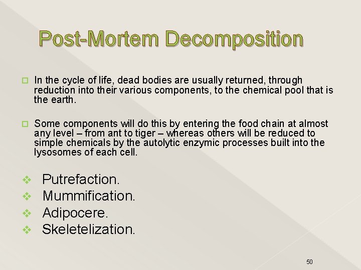 Post-Mortem Decomposition In the cycle of life, dead bodies are usually returned, through reduction