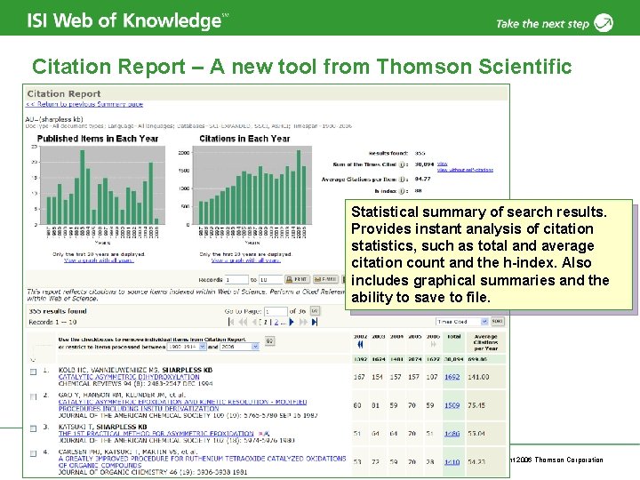 Citation Report – A new tool from Thomson Scientific Statistical summary of search results.