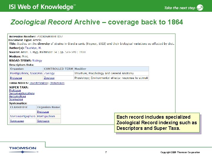 Zoological Record Archive – coverage back to 1864 Each record includes specialized Zoological Record